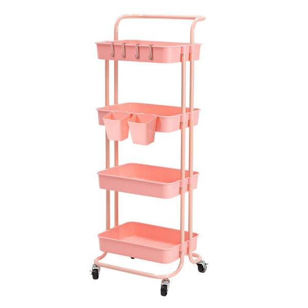 Trolley Cart Storage Utility Rack Shelf Organiser Swivel Kitchen 4 Tier PINK - NuSea