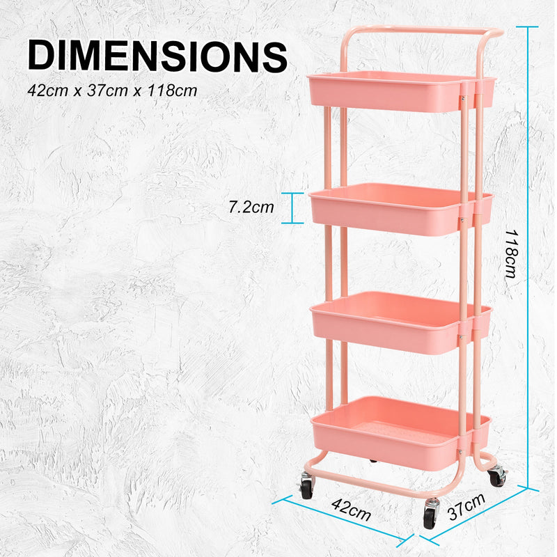 Trolley Cart Storage Utility Rack Shelf Organiser Swivel Kitchen 4 Tier PINK - NuSea