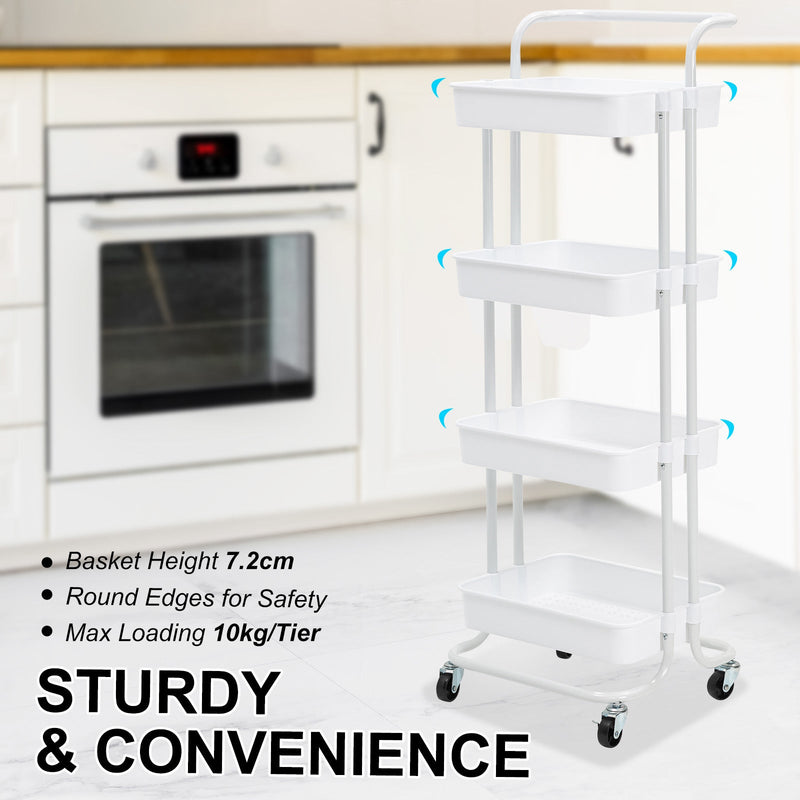 Trolley Cart Storage Utility Rack Shelf Organiser Swivel Kitchen 4 Tier WHITE - NuSea