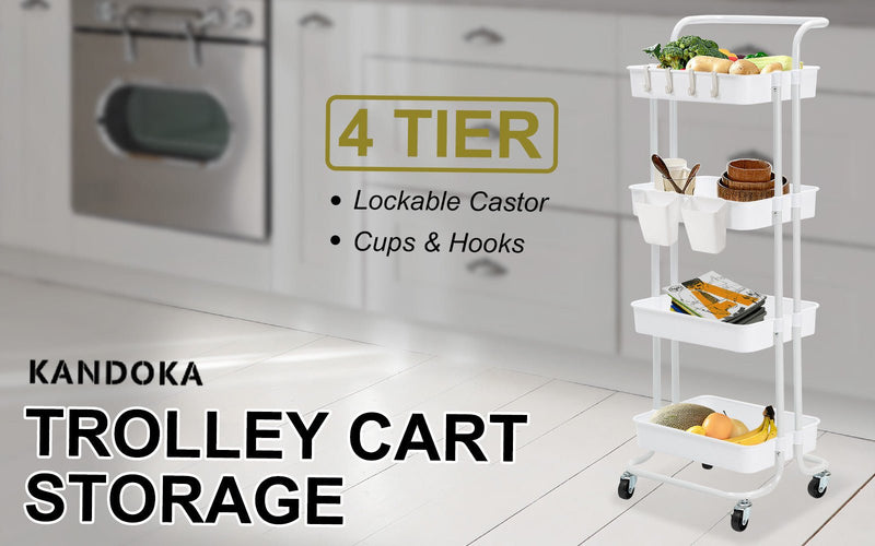 Trolley Cart Storage Utility Rack Shelf Organiser Swivel Kitchen 4 Tier WHITE - NuSea