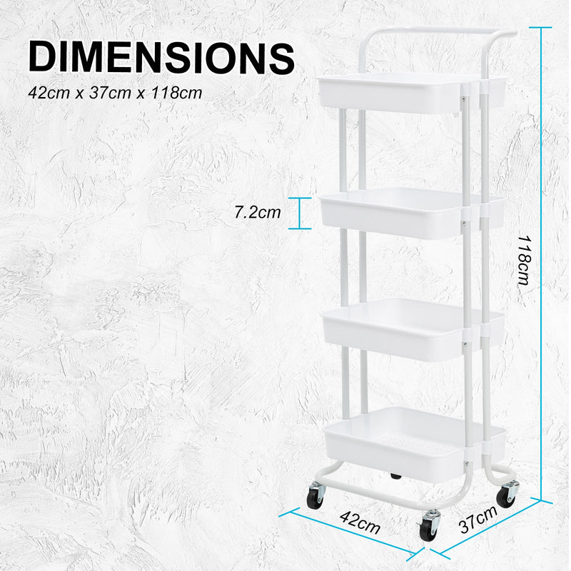 Trolley Cart Storage Utility Rack Shelf Organiser Swivel Kitchen 4 Tier WHITE - NuSea