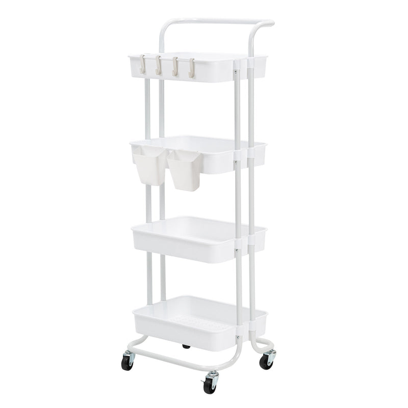 Trolley Cart Storage Utility Rack Shelf Organiser Swivel Kitchen 4 Tier WHITE - NuSea