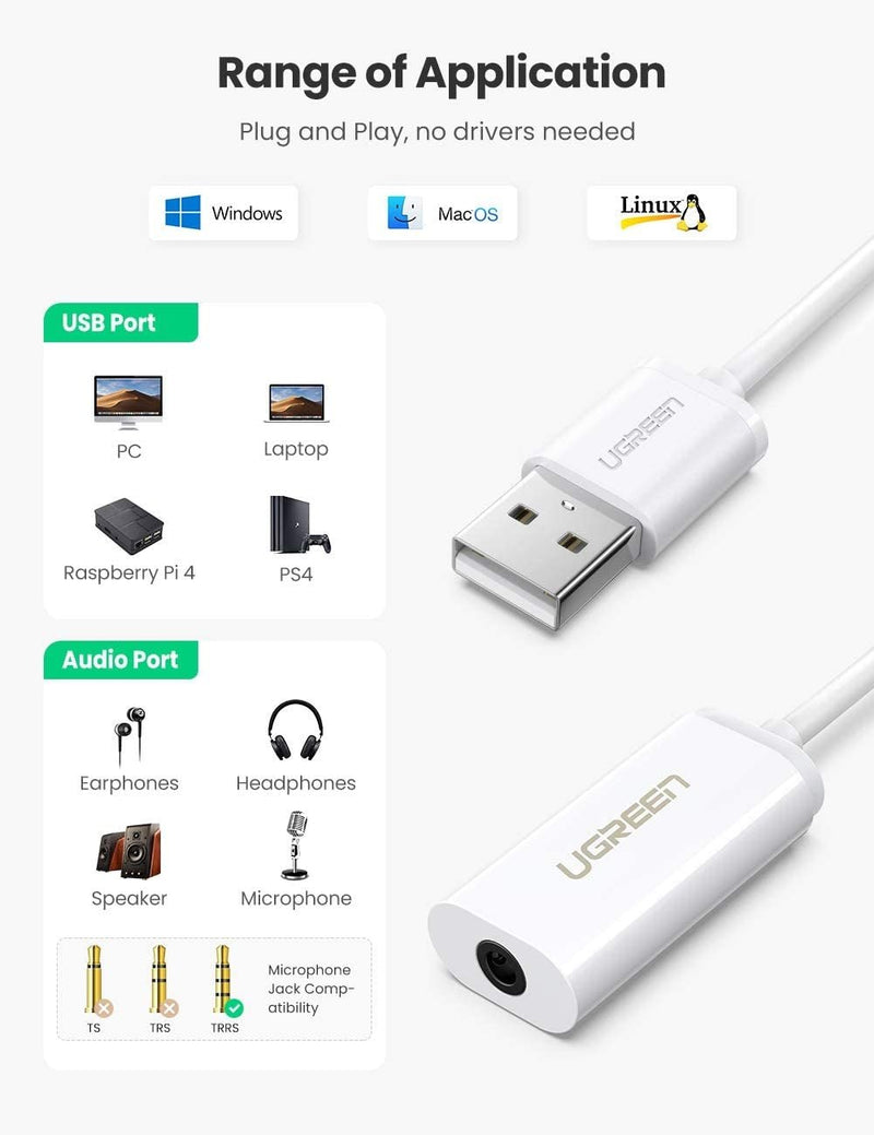 UGREEN USB A Male to 3.5 mm Aux Cable (White) - NuSea