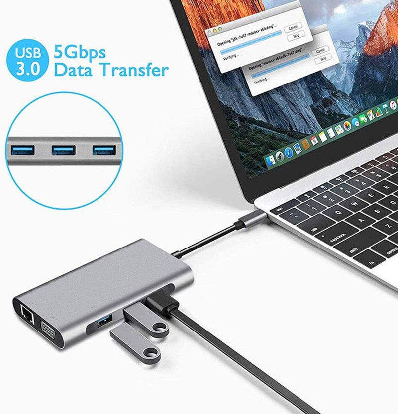 USB HUB C 10 in 1 Type C Adapter Dock 3 USB 3.0 Port 4K HDMI 1080P VGA RJ45 Ethernet - NuSea