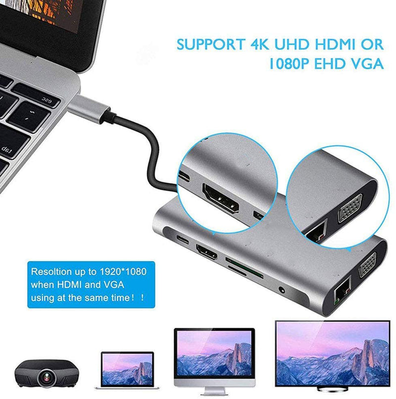 USB HUB C 10 in 1 Type C Adapter Dock 3 USB 3.0 Port 4K HDMI 1080P VGA RJ45 Ethernet - NuSea