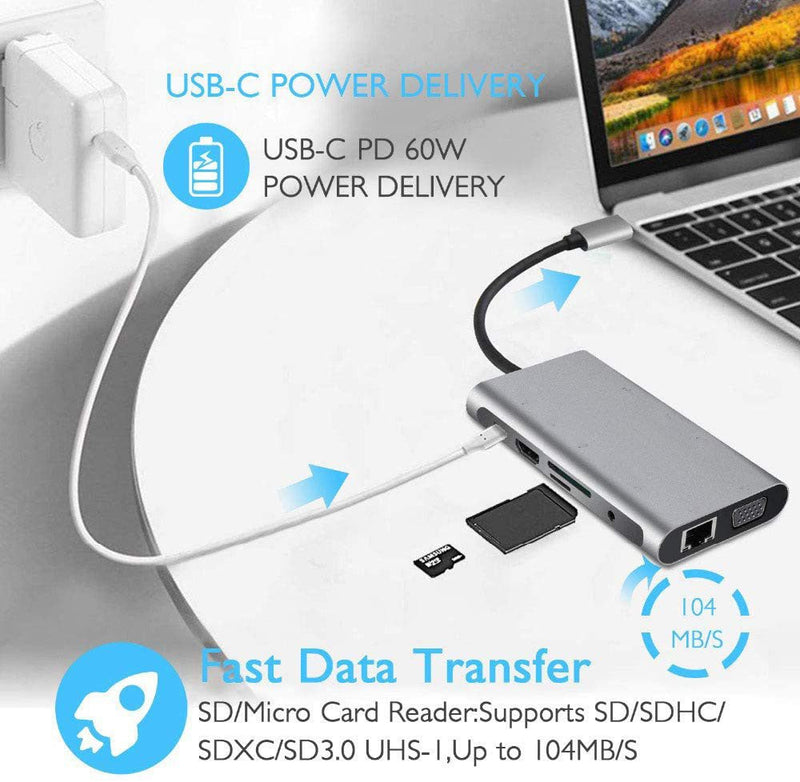 USB HUB C 10 in 1 Type C Adapter Dock 3 USB 3.0 Port 4K HDMI 1080P VGA RJ45 Ethernet - NuSea