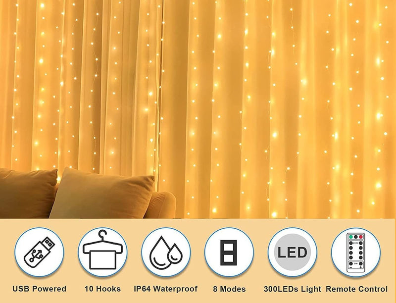 USB Powered 300 LED Curtain String Light with 8 Modes and Remote Control for Bedroom Party Wedding Decorations - NuSea