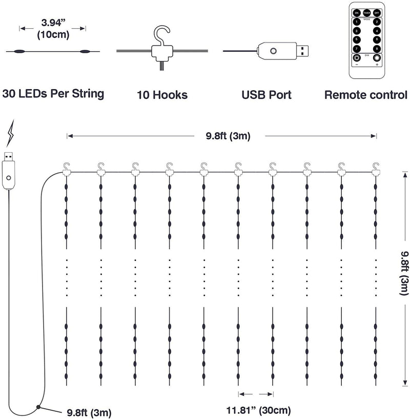 USB Powered 300 LED Curtain String Light with 8 Modes and Remote Control for Bedroom Party Wedding Decorations - NuSea