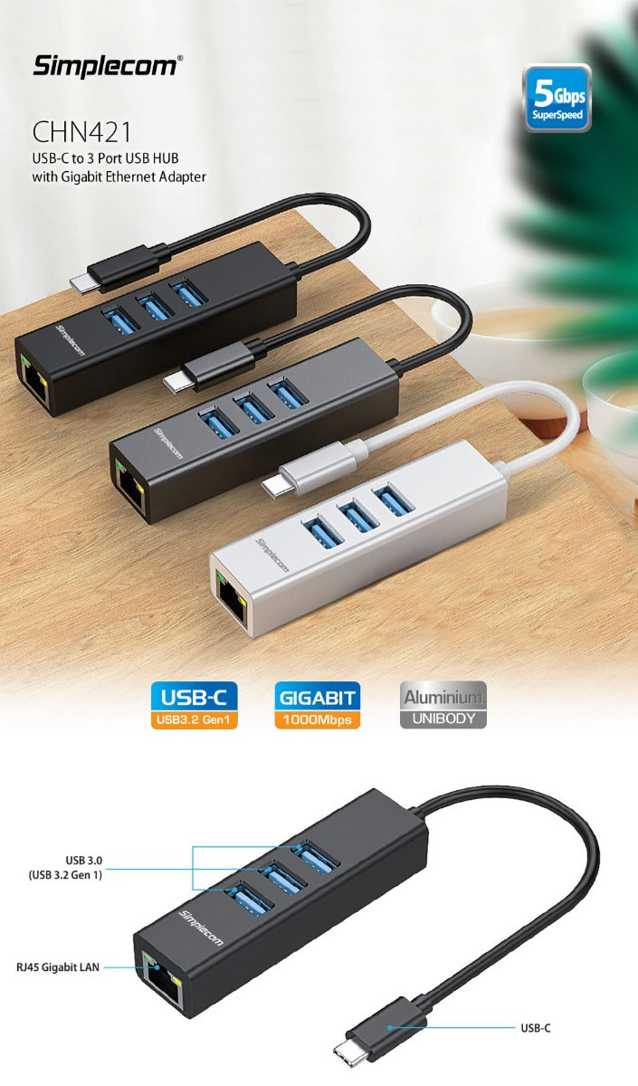 Simplecom CHN421 Aluminium USB-C to 3 Port USB HUB with Gigabit Ethernet Adapter Silver