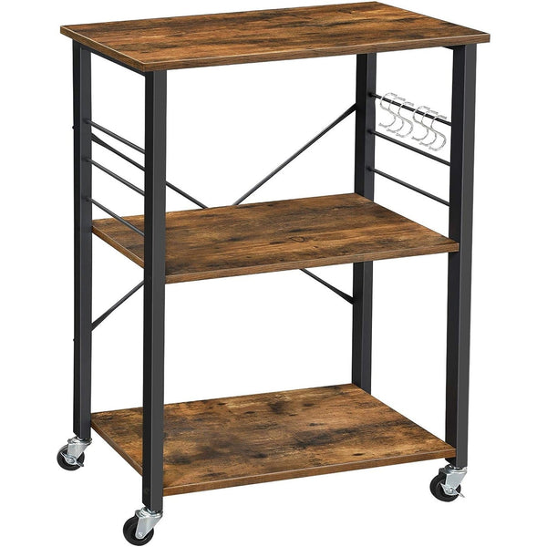 Vasagle Kitchen Serving Shelf Trolley on Wheels, 3 Shelves with 6 Hook Rustic Brown - NuSea