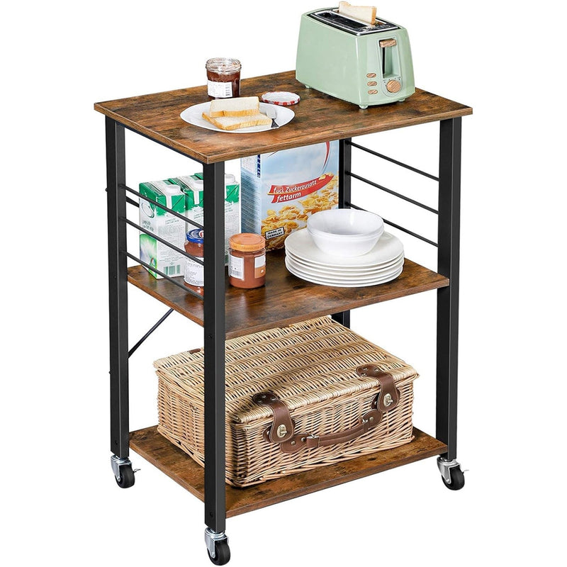 Vasagle Kitchen Serving Shelf Trolley on Wheels, 3 Shelves with 6 Hook Rustic Brown - NuSea