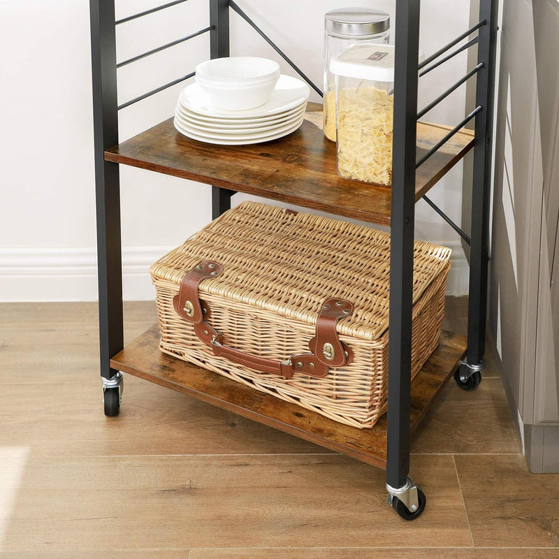 Vasagle Kitchen Serving Shelf Trolley on Wheels, 3 Shelves with 6 Hook Rustic Brown - NuSea