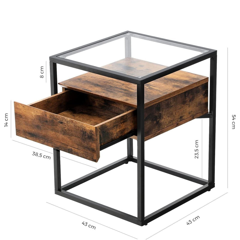 VASAGLE Side Table Tempered Glass End Table with Drawer and Shelf Rustic Brown and Black - NuSea