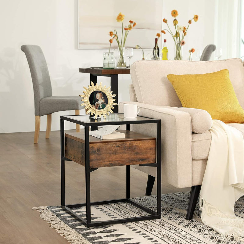 VASAGLE Side Table Tempered Glass End Table with Drawer and Shelf Rustic Brown and Black - NuSea