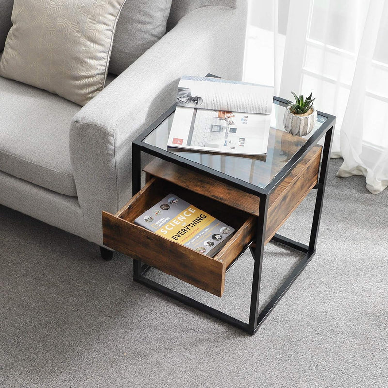 VASAGLE Side Table Tempered Glass End Table with Drawer and Shelf Rustic Brown and Black - NuSea