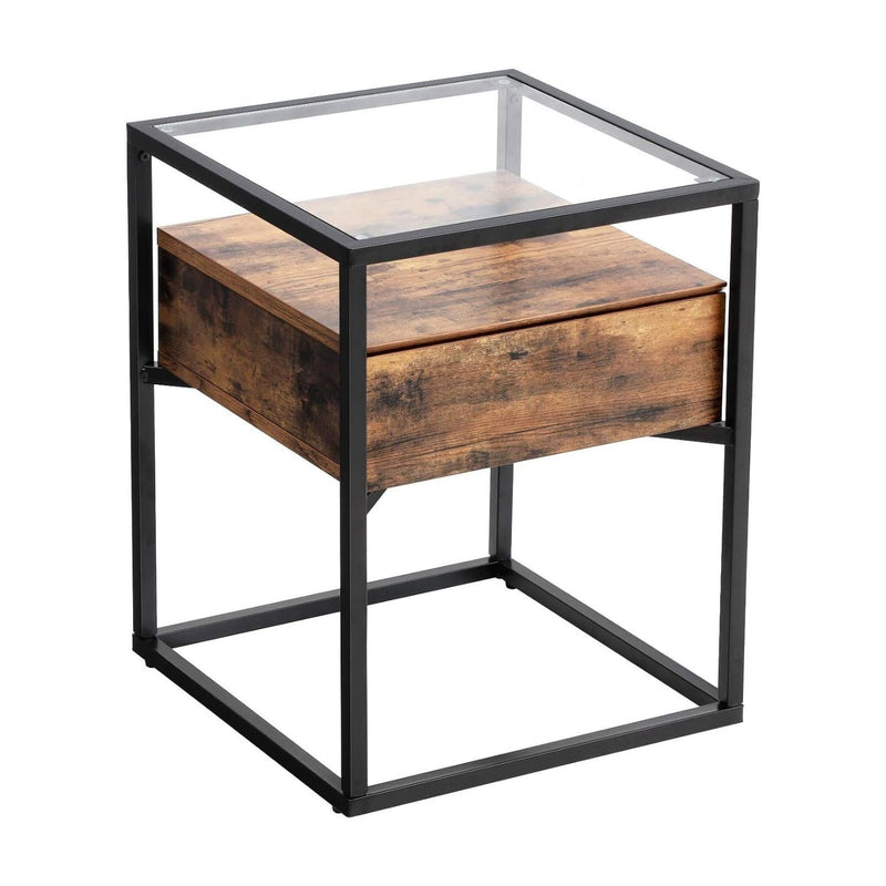 VASAGLE Side Table Tempered Glass End Table with Drawer and Shelf Rustic Brown and Black - NuSea