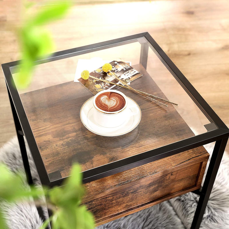 VASAGLE Side Table Tempered Glass End Table with Drawer and Shelf Rustic Brown and Black - NuSea