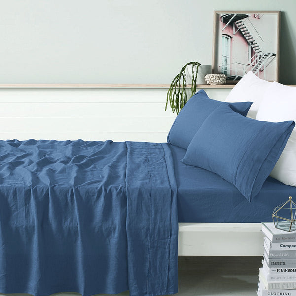 Vintage Design Homewares 100% Linen Brilliant Blue Sheet Set Double - NuSea