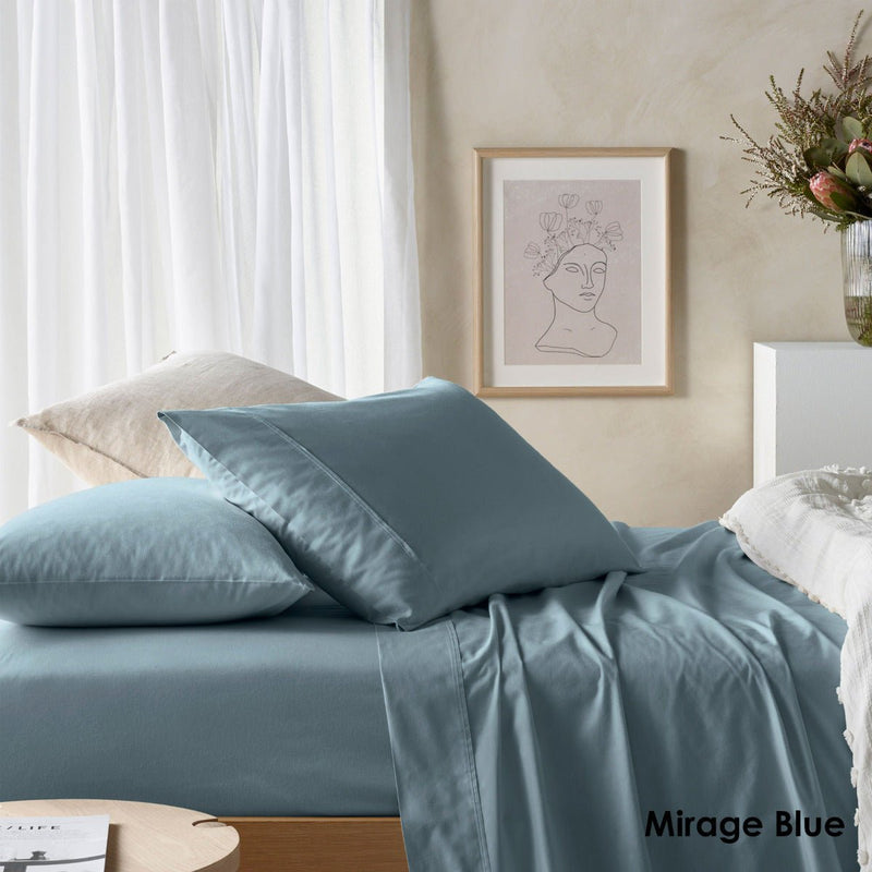 Vintage Design Homewares 225TC Cotton Eucalyptus Sheet Sets Mirage Blue King - NuSea