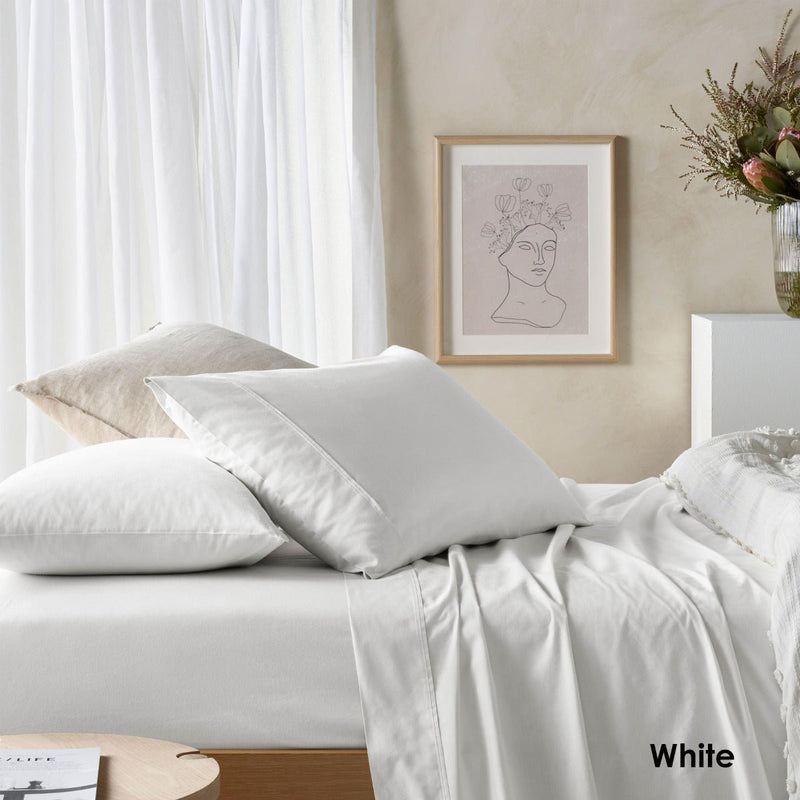 Vintage Design Homewares 225TC Cotton Eucalyptus Sheet Sets White King - NuSea