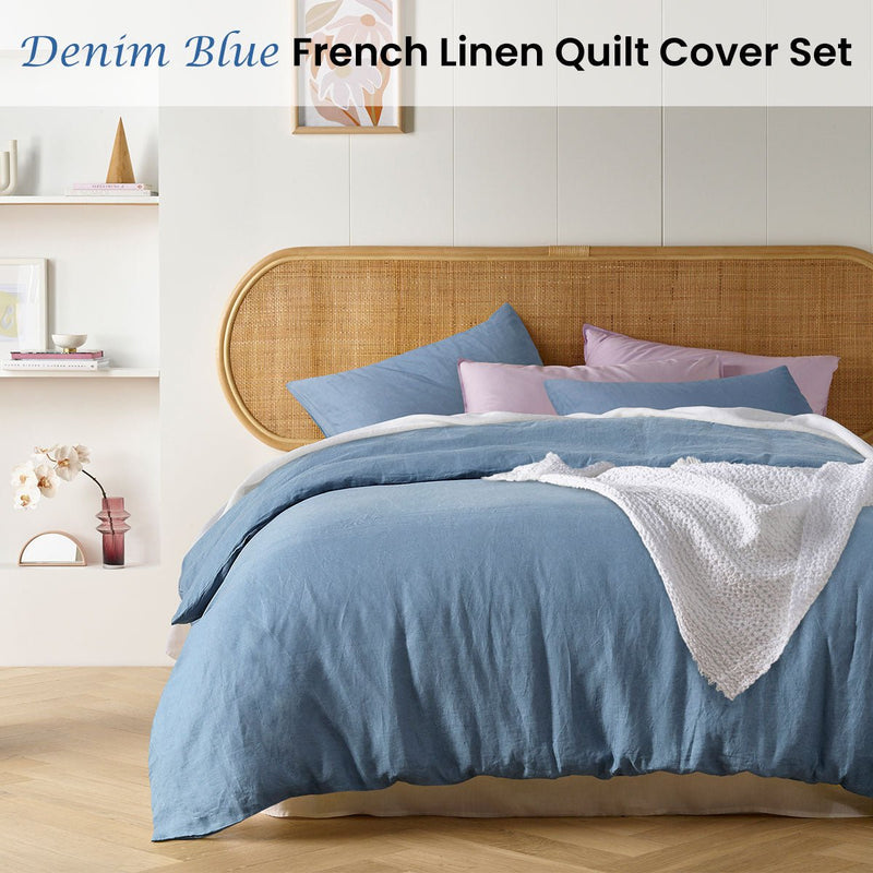 Vintage Design Homewares Denim Blue French Linen Quilt Cover Set King - NuSea