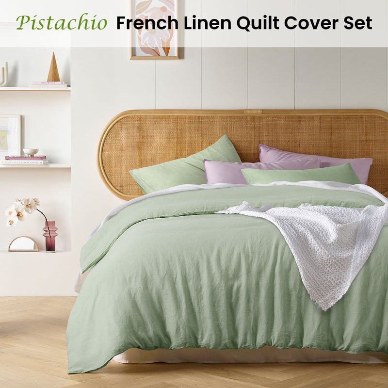 Vintage Design Homewares Pistachio French Linen Quilt Cover Set King - NuSea