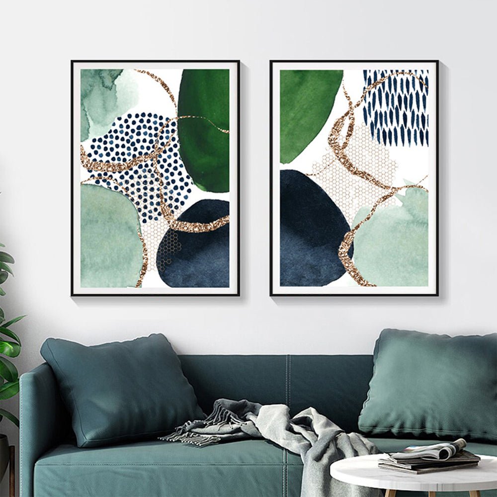 Wall Art 40cmx60cm Abstract Green and Navy 2 Sets Black Frame Canvas - NuSea