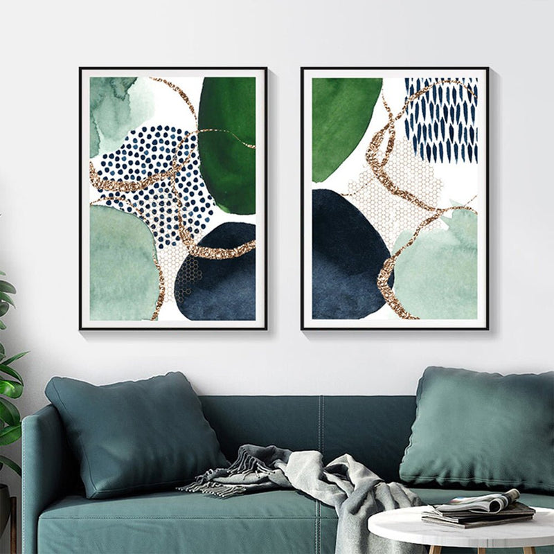 Wall Art 40cmx60cm Abstract Green and Navy 2 Sets Black Frame Canvas - NuSea