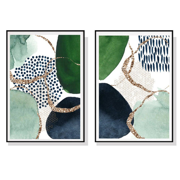 Wall Art 40cmx60cm Abstract Green and Navy 2 Sets Black Frame Canvas - NuSea