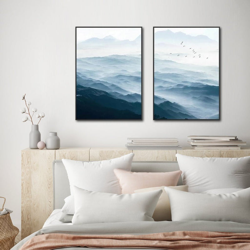 Wall Art 40cmx60cm Blue mountains 2 Sets Black Frame Canvas - NuSea