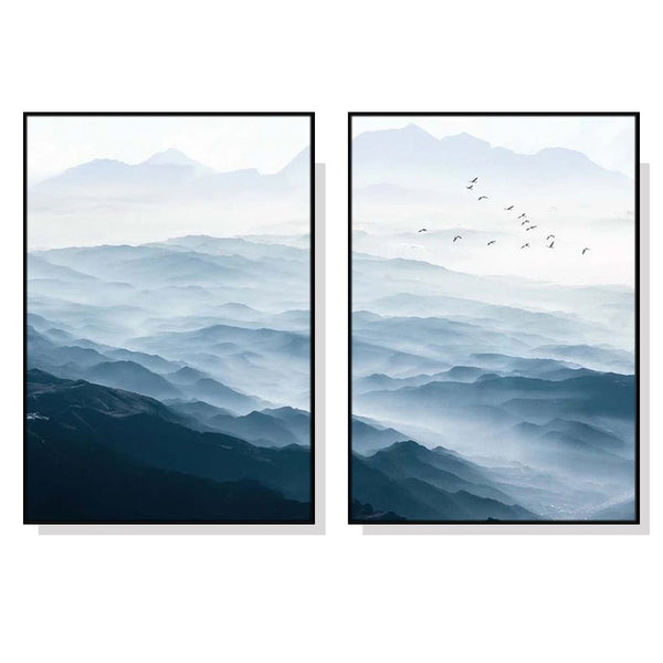 Wall Art 40cmx60cm Blue mountains 2 Sets Black Frame Canvas - NuSea