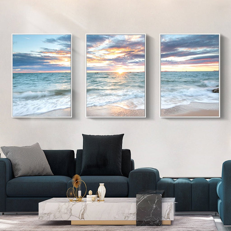 Wall Art 40cmx60cm Sunrise by the ocean 3 Sets White Frame Canvas - NuSea