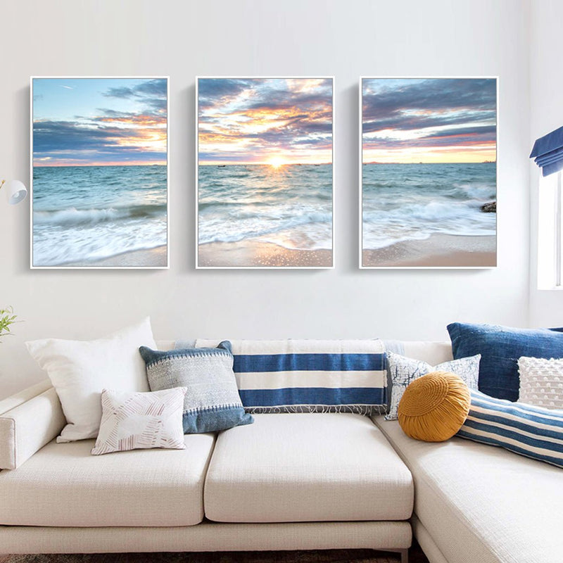 Wall Art 40cmx60cm Sunrise by the ocean 3 Sets White Frame Canvas - NuSea