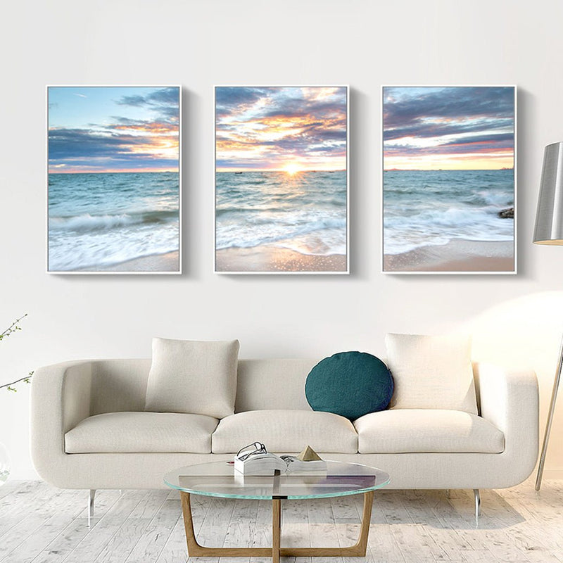 Wall Art 40cmx60cm Sunrise by the ocean 3 Sets White Frame Canvas - NuSea