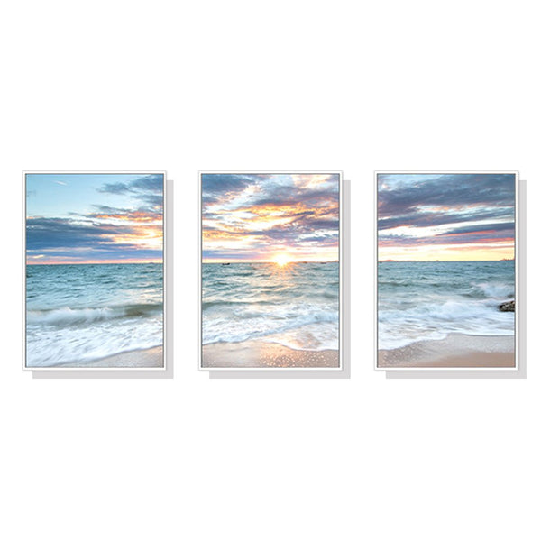 Wall Art 40cmx60cm Sunrise by the ocean 3 Sets White Frame Canvas - NuSea