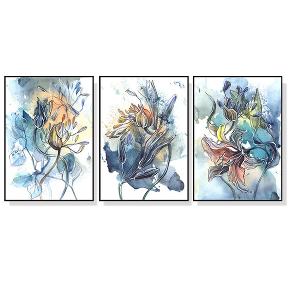 Wall Art 40cmx60cm Watercolor Style Abstract Flower 3 Sets Black Frame Canvas - NuSea