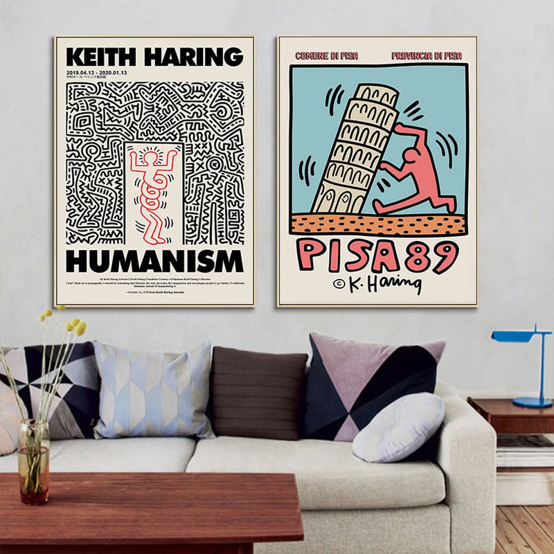 Wall Art 50cmx50cm By Keith Haring 2 Sets Gold Frame Canvas - NuSea