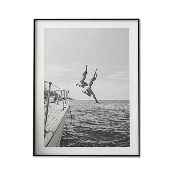 Wall Art 50cmx70cm Black and White Ocean Jump, Black Frame Canvas - NuSea