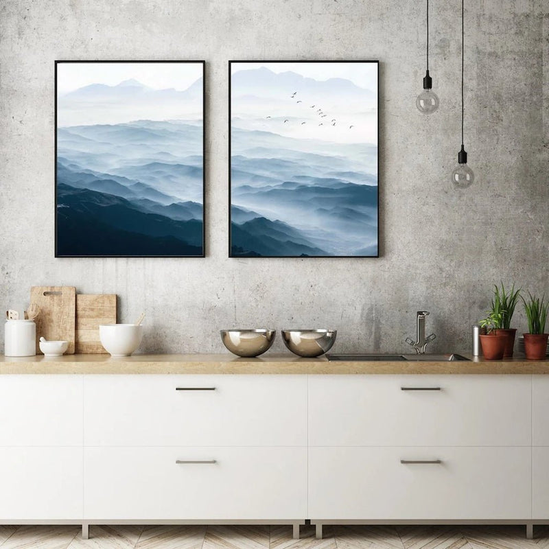 Wall Art 50cmx70cm Blue mountains 2 Sets Black Frame Canvas - NuSea