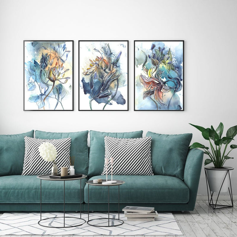 Wall Art 50cmx70cm Watercolor Style Abstract Flower 3 Sets Black Frame Canvas - NuSea