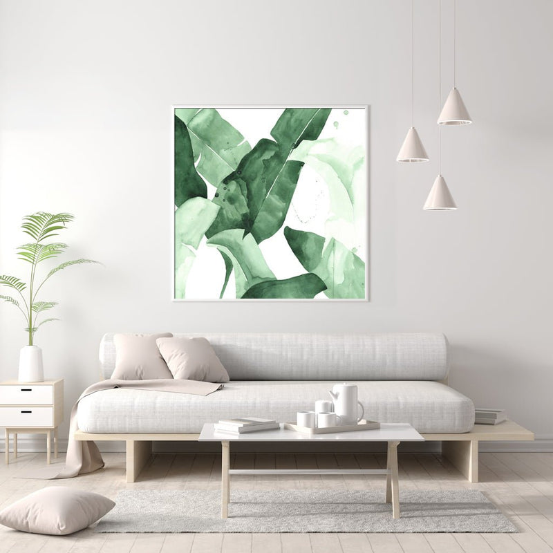 Wall Art 60cmx60cm Tropical Leaves Square Size White Frame Canvas - NuSea