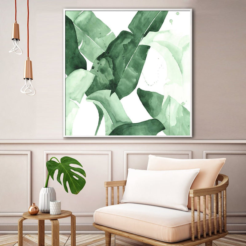 Wall Art 60cmx60cm Tropical Leaves Square Size White Frame Canvas - NuSea