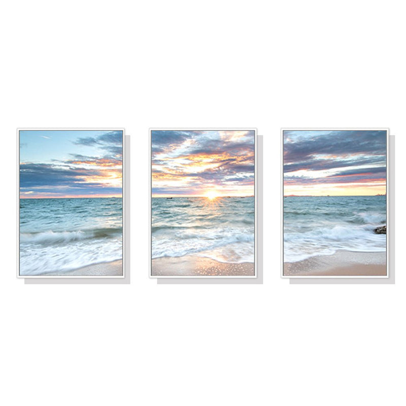 Wall Art 60cmx90cm Sunrise by the ocean 3 Sets White Frame Canvas - NuSea