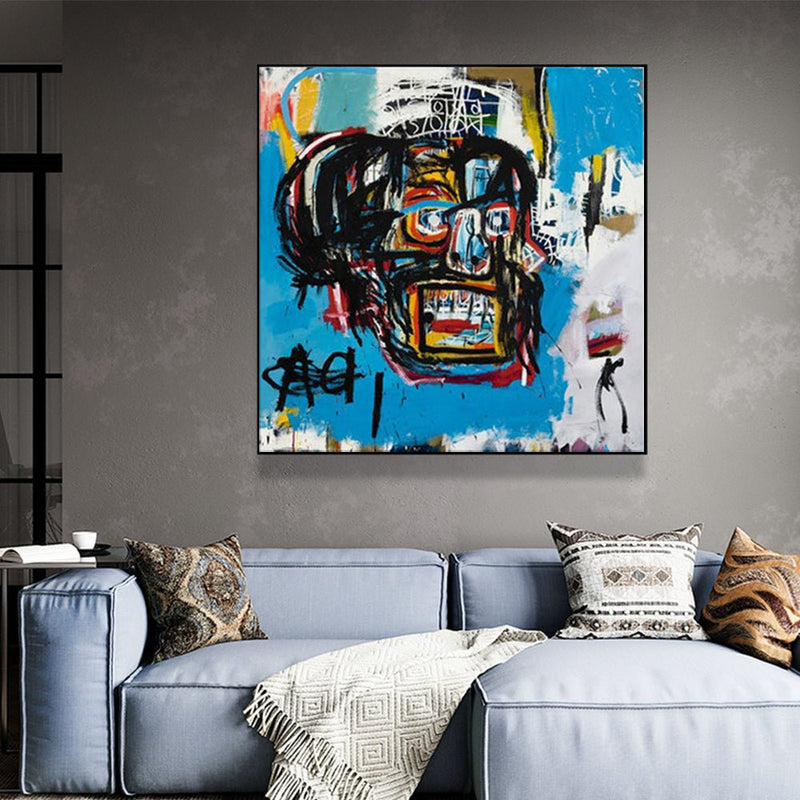Wall Art 70cmx70cm Blue Head By Basquiat Black Frame Canvas - NuSea
