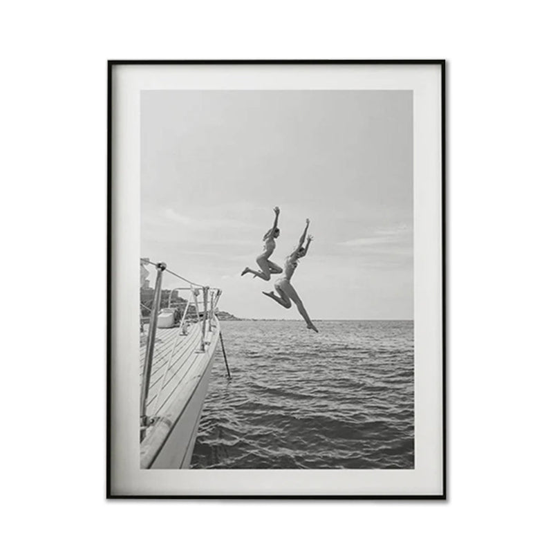 Wall Art 80cmx120cm Black and White Ocean Jump, Black Frame Canvas - NuSea