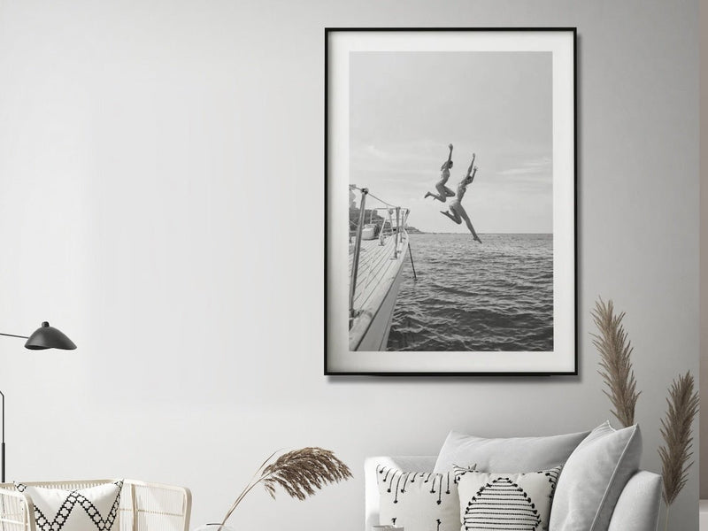 Wall Art 80cmx120cm Black and White Ocean Jump, Black Frame Canvas - NuSea