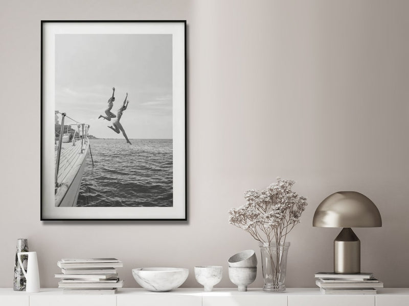 Wall Art 80cmx120cm Black and White Ocean Jump, Black Frame Canvas - NuSea