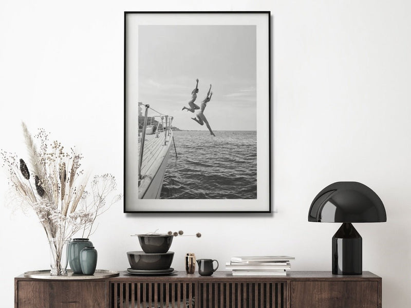 Wall Art 80cmx120cm Black and White Ocean Jump, Black Frame Canvas - NuSea