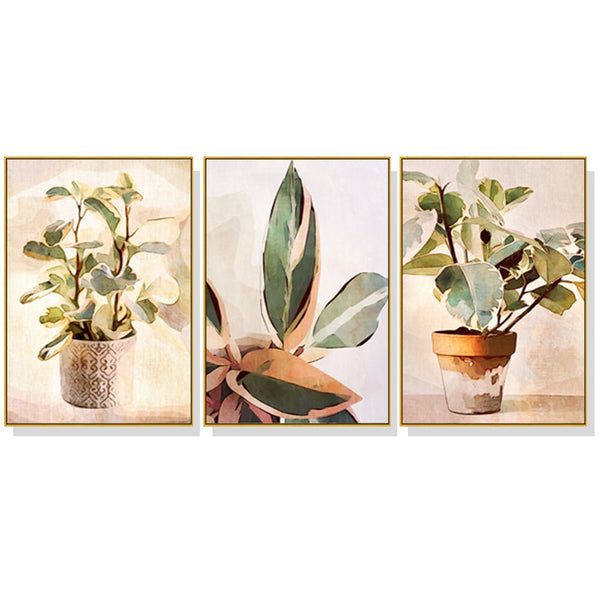 Wall Art 80cmx120cm Botanical Leaves Watercolor Style 3 Sets Gold Frame Canvas - NuSea