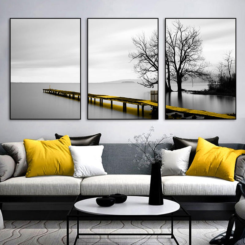 Wall Art 80cmx120cm Calm Lake Bridge Tree Scene 3 Sets Black Frame Canvas - NuSea